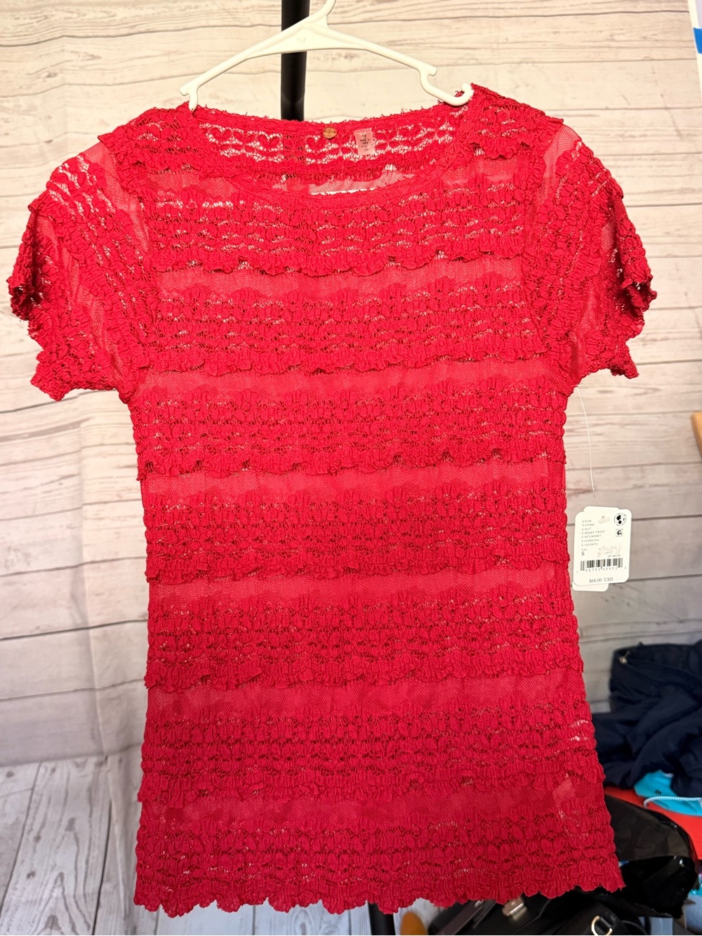 NWT Free People Angelina Lace Tee in Red - Picture 2 of 5